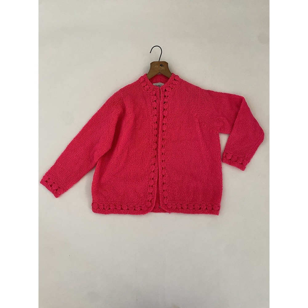 VTG Rosanna Medium M Hand Loomed Cardigan Sweater British Hong Kong Bright Pink